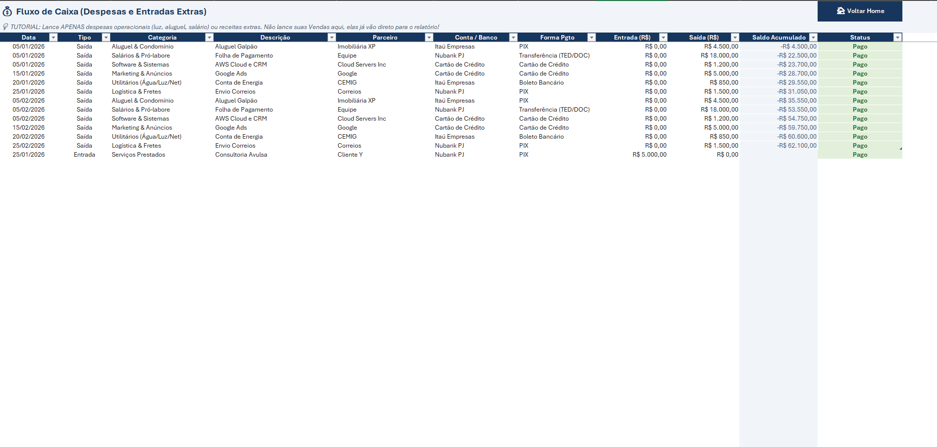 Fluxo de Caixa FinanceHub